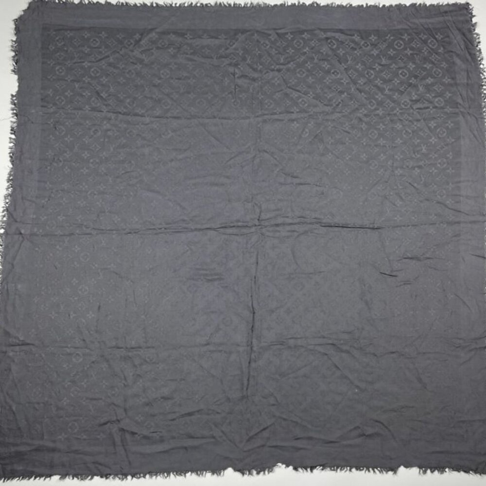 Louis Vuitton Shawl Monogram Silk Wool Gray Vintage Scarf